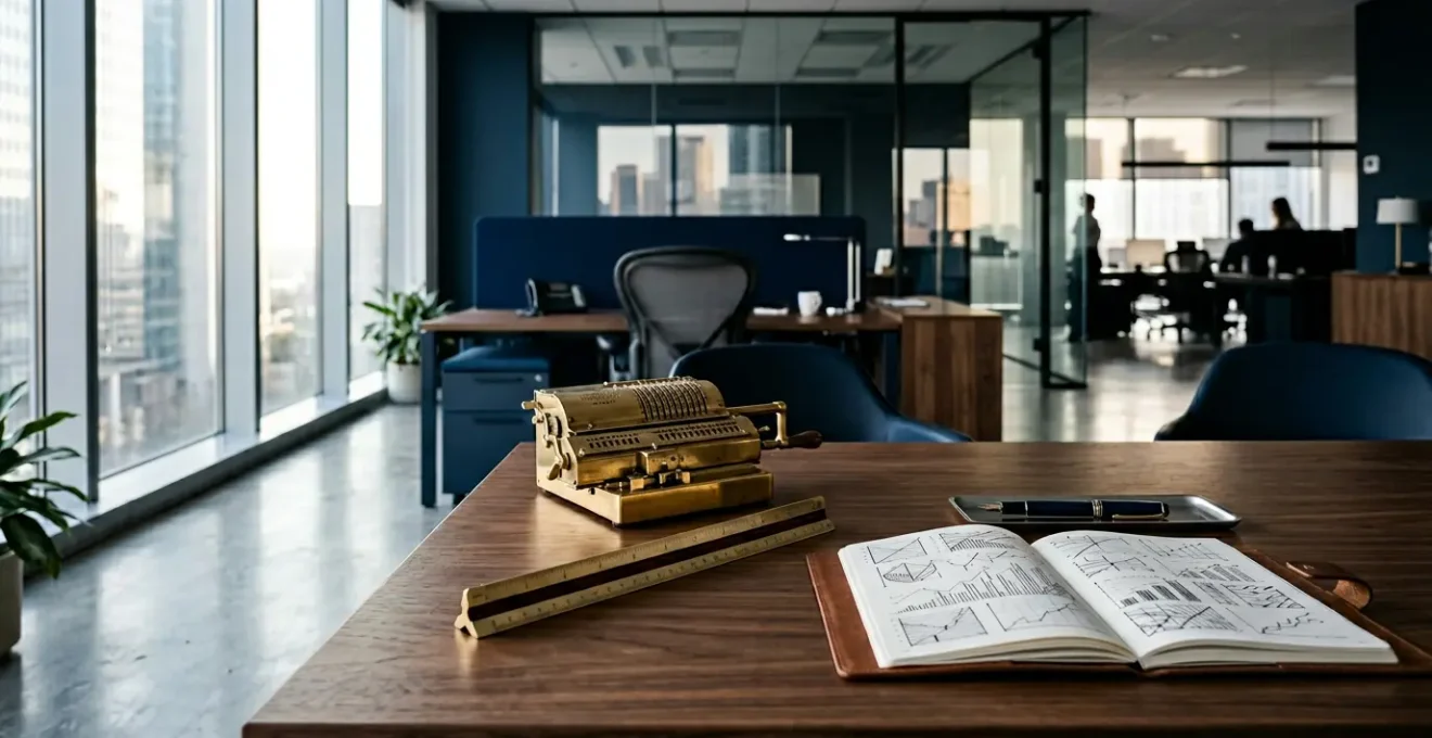 Analyse approfondie de documents financiers d'entreprise dans un environnement professionnel moderne avec calculatrice et graphiques