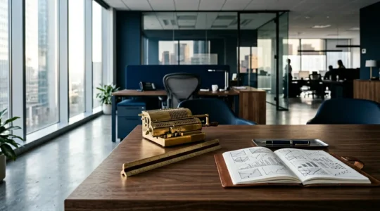 Analyse approfondie de documents financiers d'entreprise dans un environnement professionnel moderne avec calculatrice et graphiques