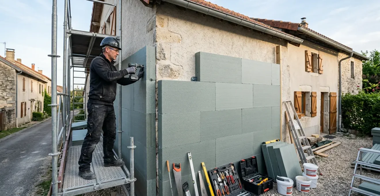 Artisan en tenue professionnelle réalisant des travaux d'isolation thermique sur un chantier de rénovation énergétique
