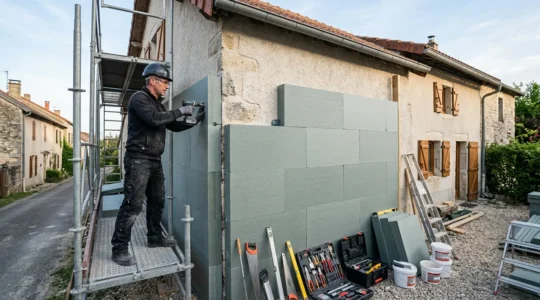 Artisan en tenue professionnelle réalisant des travaux d'isolation thermique sur un chantier de rénovation énergétique