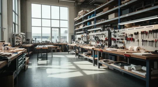 Vue d'ensemble d'un atelier professionnel moderne avec espaces de travail organisés et zones de stockage optimisées