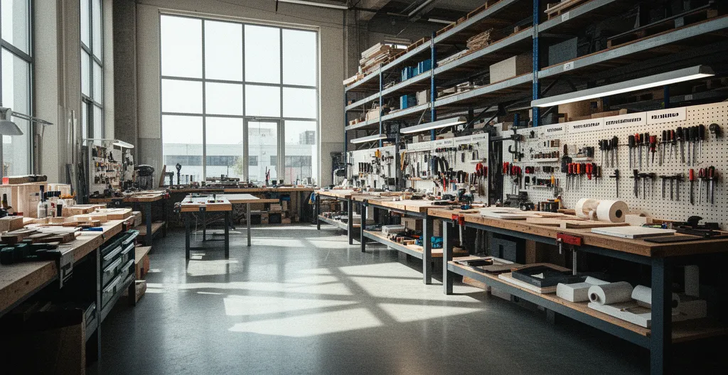 Vue d'ensemble d'un atelier professionnel moderne avec espaces de travail organisés et zones de stockage optimisées