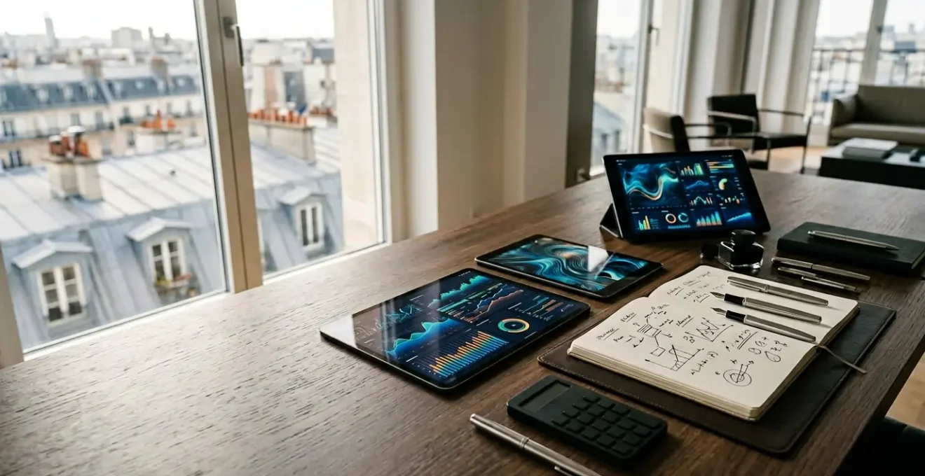 Vue professionnelle d'un bureau moderne avec tableaux de bord financiers et indicateurs de pilotage