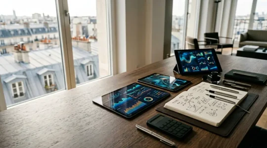 Vue professionnelle d'un bureau moderne avec tableaux de bord financiers et indicateurs de pilotage