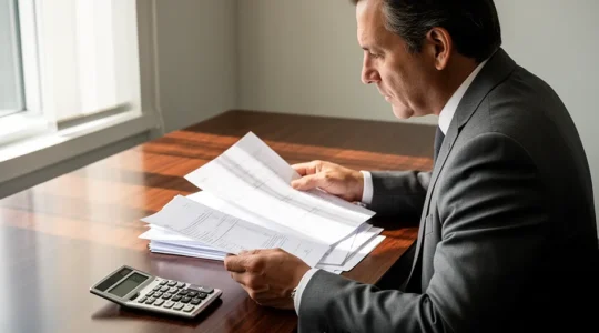 Dirigeant d'entreprise analysant des documents financiers dans un bureau moderne