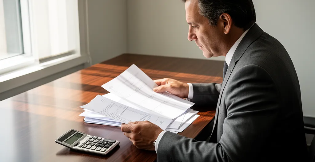 Dirigeant d'entreprise analysant des documents financiers dans un bureau moderne