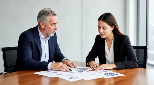 Session de coaching entrepreneurial avec mentor et entrepreneur travaillant ensemble sur la stratégie business
