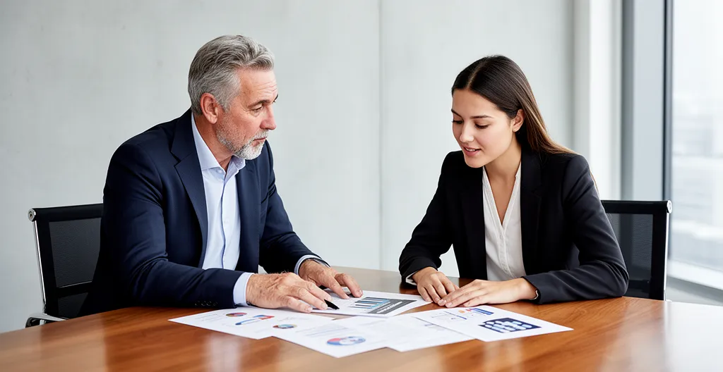Session de coaching entrepreneurial avec mentor et entrepreneur travaillant ensemble sur la stratégie business