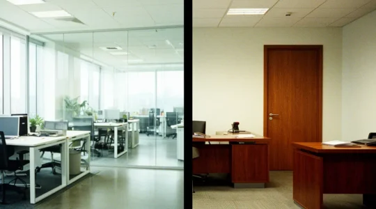 Comparaison entre un espace de coworking moderne et un bureau privé traditionnel pour une équipe de trois personnes