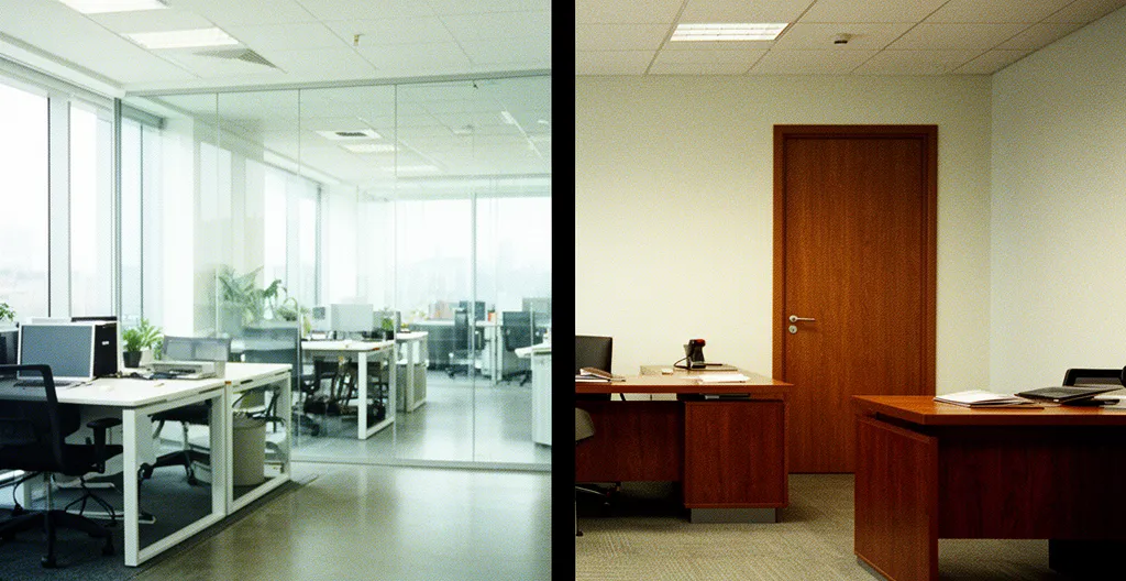 Comparaison entre un espace de coworking moderne et un bureau privé traditionnel pour une équipe de trois personnes