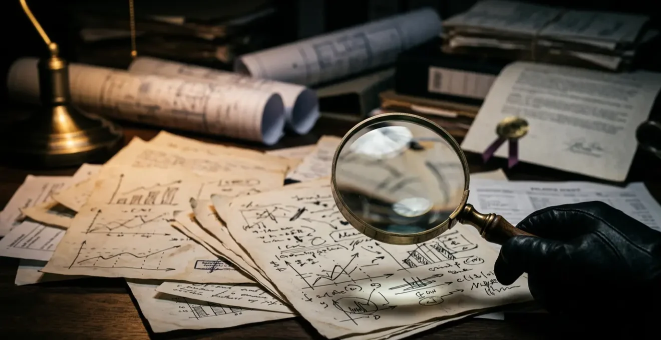 Un expert analyse des documents financiers complexes avec une loupe et des graphiques, symbolisant l'audit d'acquisition détaillé