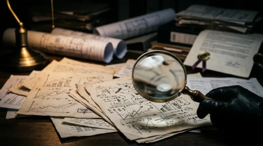 Un expert analyse des documents financiers complexes avec une loupe et des graphiques, symbolisant l'audit d'acquisition détaillé