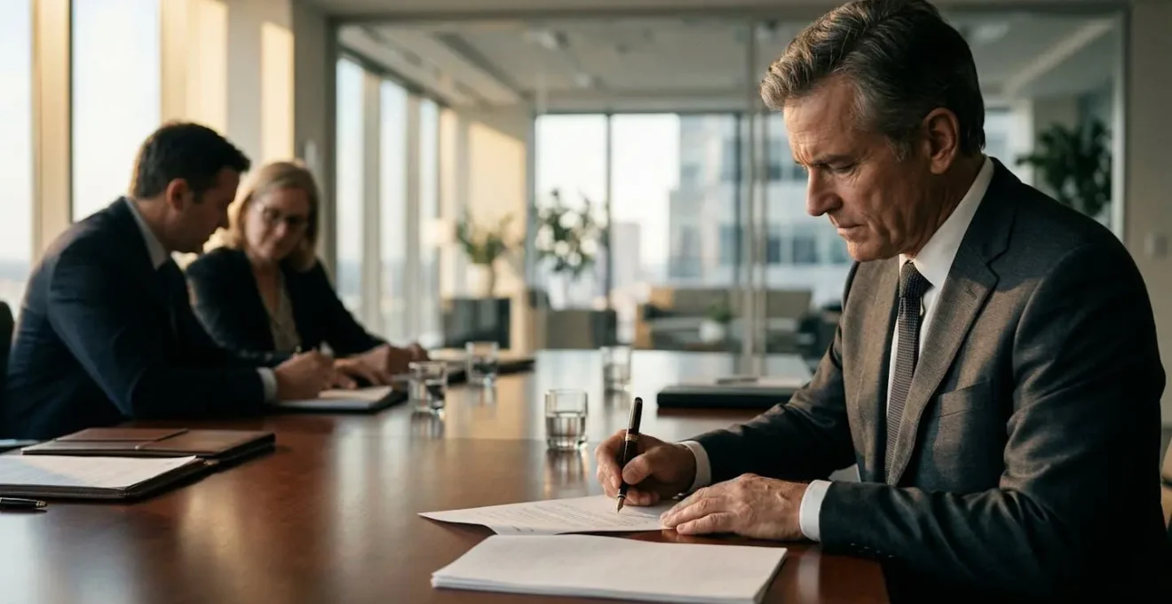 Dirigeant signant des documents lors du closing d'entreprise avec conseiller