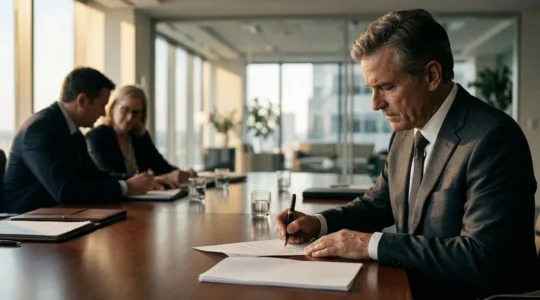 Dirigeant signant des documents lors du closing d'entreprise avec conseiller