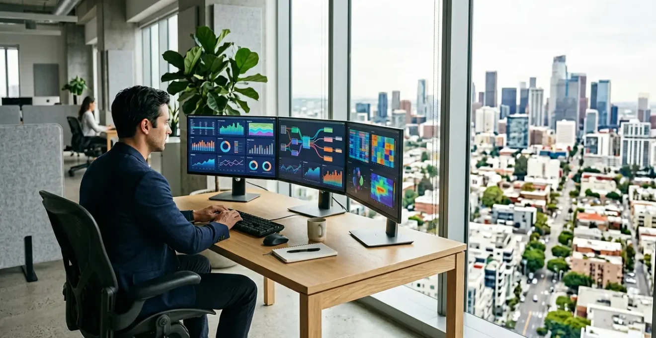 Un entrepreneur analyse des données de marché cible sur plusieurs écrans dans un bureau moderne