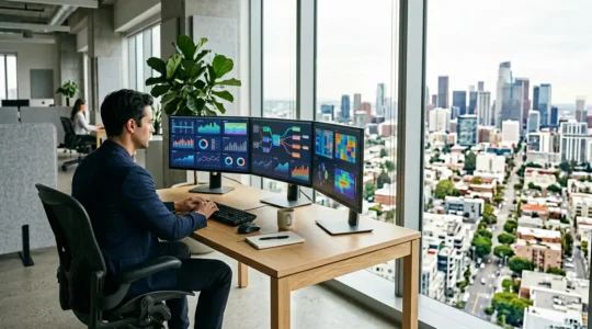 Un entrepreneur analyse des données de marché cible sur plusieurs écrans dans un bureau moderne