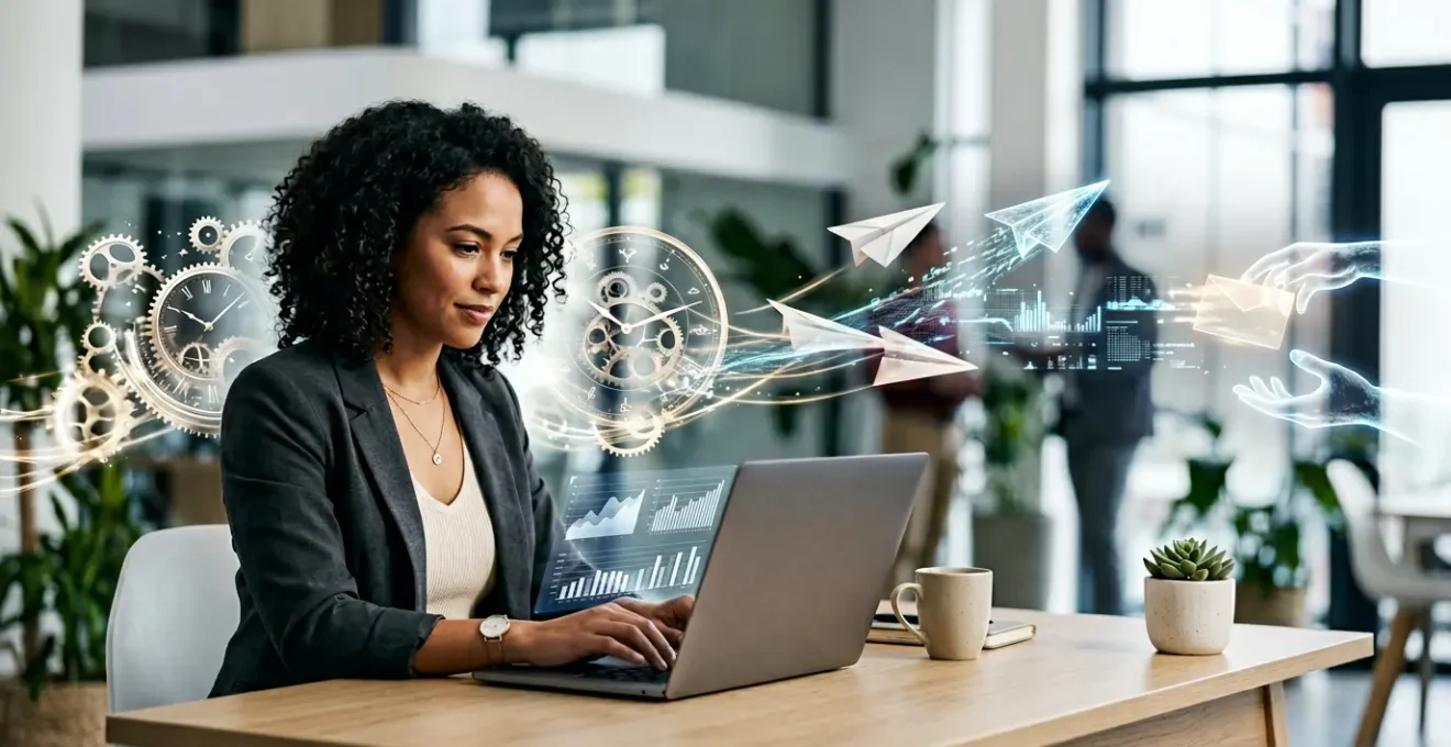 Entrepreneur concentré sur son ordinateur avec des éléments visuels symbolisant les tâches déléguées flottant autour de lui