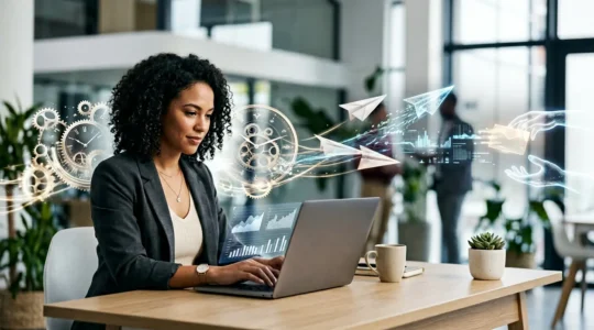 Entrepreneur concentré sur son ordinateur avec des éléments visuels symbolisant les tâches déléguées flottant autour de lui