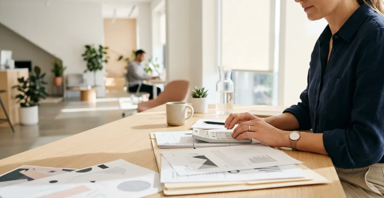 Entrepreneur analysant ses économies de charges sociales ACRE sur un bureau moderne avec calculatrice et documents