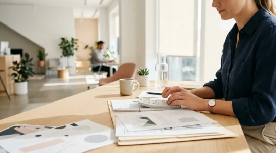 Entrepreneur analysant ses économies de charges sociales ACRE sur un bureau moderne avec calculatrice et documents