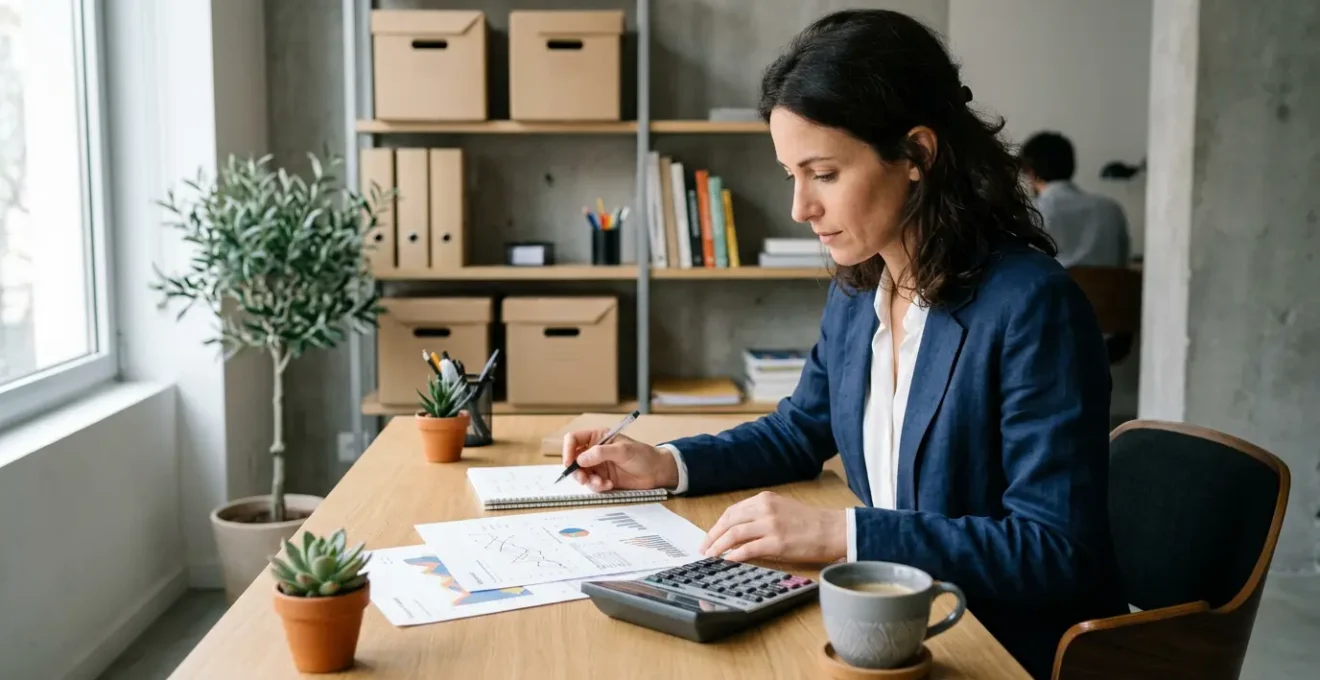 Entrepreneur analysant des graphiques de rentabilité dans son bureau avec calculatrice et documents financiers