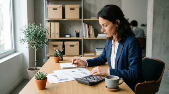 Entrepreneur analysant des graphiques de rentabilité dans son bureau avec calculatrice et documents financiers