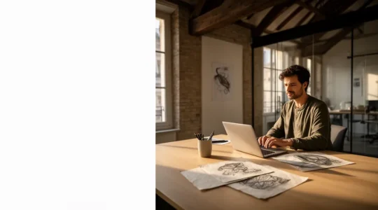 Entrepreneur travaillant sur son side-project dans un espace de coworking moderne avec ordinateur portable et notes stratégiques