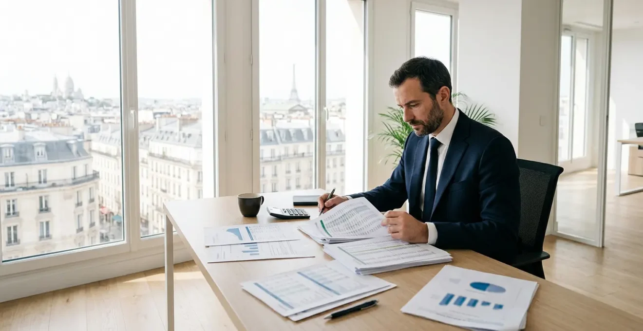 Entrepreneur analysant des documents financiers dans un bureau moderne avec calculatrice et graphiques