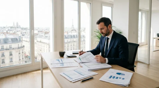 Entrepreneur analysant des documents financiers dans un bureau moderne avec calculatrice et graphiques