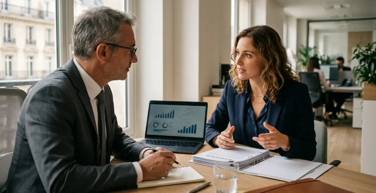 Un entrepreneur confiant en discussion avec un conseiller bancaire dans un bureau moderne et lumineux