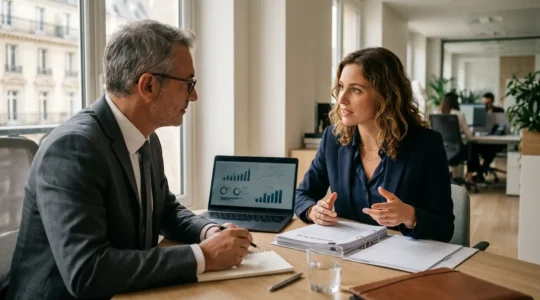 Un entrepreneur confiant en discussion avec un conseiller bancaire dans un bureau moderne et lumineux