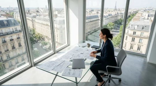 Entrepreneur analysant des documents de franchise dans un bureau moderne