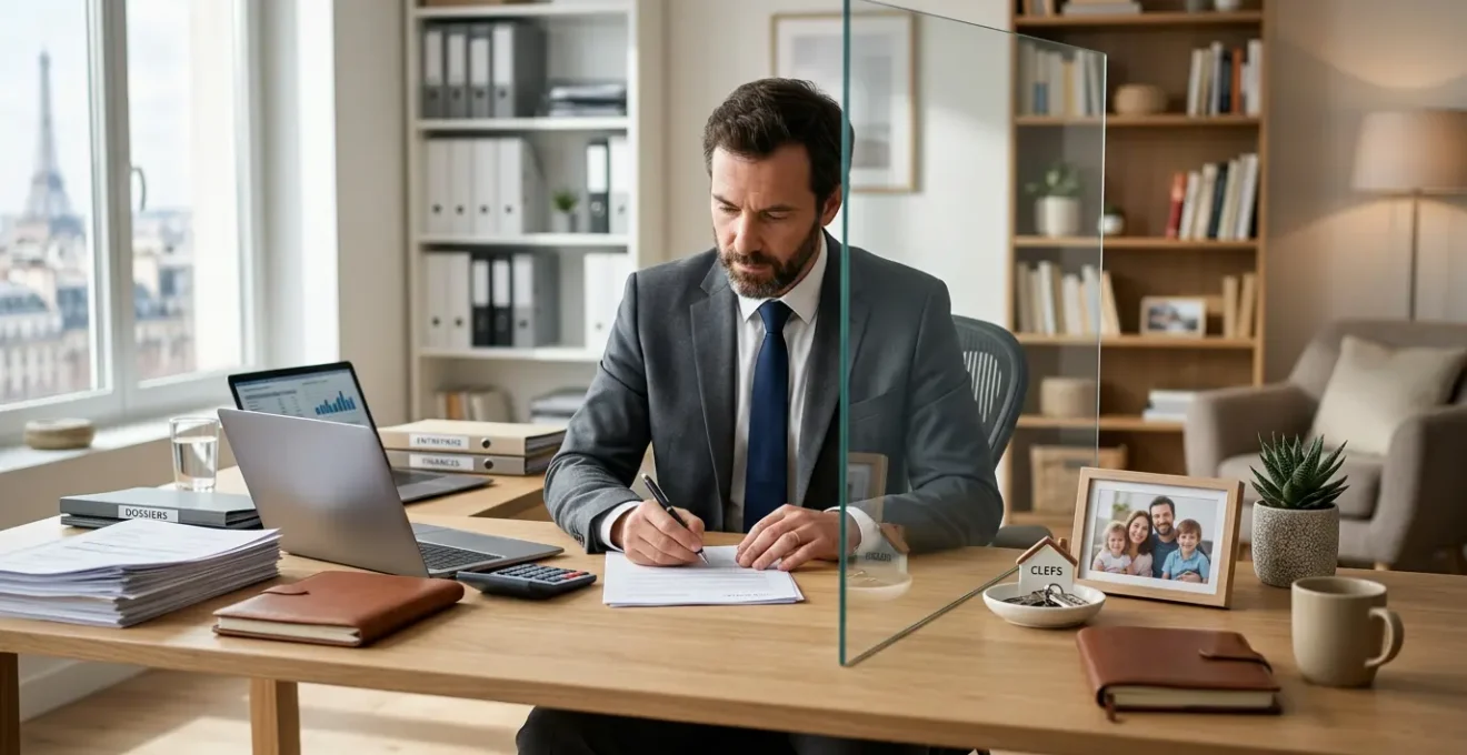 Entrepreneur travaillant dans son bureau avec documents juridiques et séparation symbolique entre patrimoine personnel et professionnel