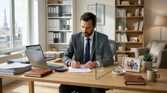 Entrepreneur travaillant dans son bureau avec documents juridiques et séparation symbolique entre patrimoine personnel et professionnel
