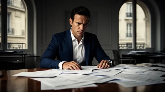 Dirigeant d'entreprise face à la crise, analysant des documents financiers dans un bureau moderne