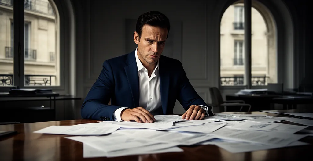 Dirigeant d'entreprise face à la crise, analysant des documents financiers dans un bureau moderne