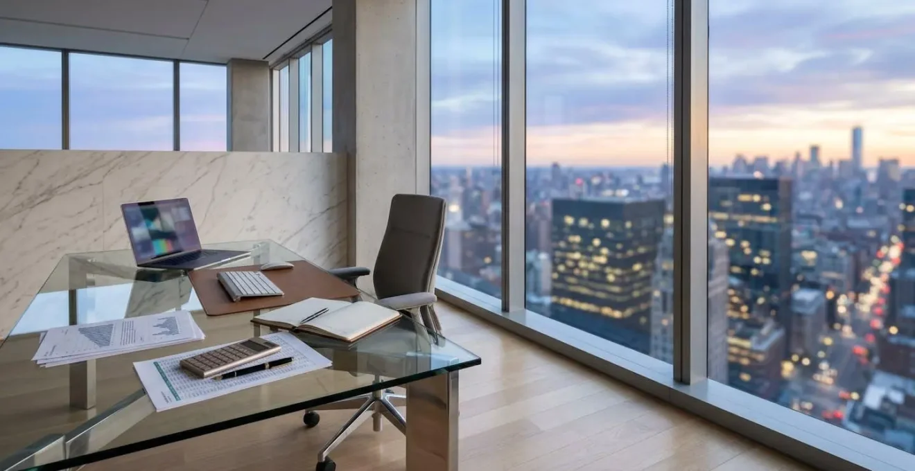 Bureau moderne avec calculatrice, documents fiscaux et graphiques financiers pour la cession d'entreprise