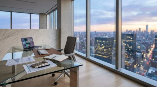 Bureau moderne avec calculatrice, documents fiscaux et graphiques financiers pour la cession d'entreprise