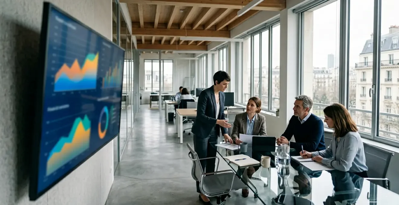 Dirigeant d'entreprise analysant un tableau de bord financier avec des collaborateurs en arrière-plan dans un bureau moderne