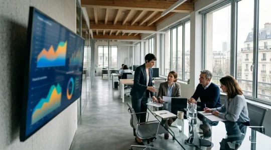 Dirigeant d'entreprise analysant un tableau de bord financier avec des collaborateurs en arrière-plan dans un bureau moderne