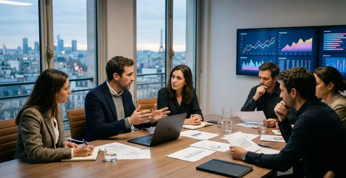Réunion stratégique d'entrepreneurs préparant une cession d'entreprise avec documents et analyses financières