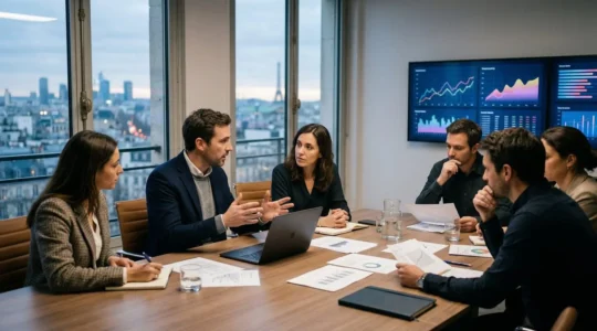 Réunion stratégique d'entrepreneurs préparant une cession d'entreprise avec documents et analyses financières