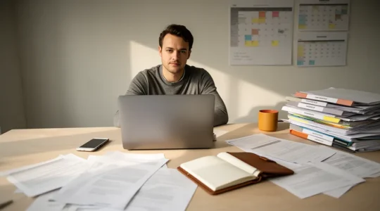 Micro-entrepreneur travaillant dans son propre espace avec ordinateur personnel et documents contractuels