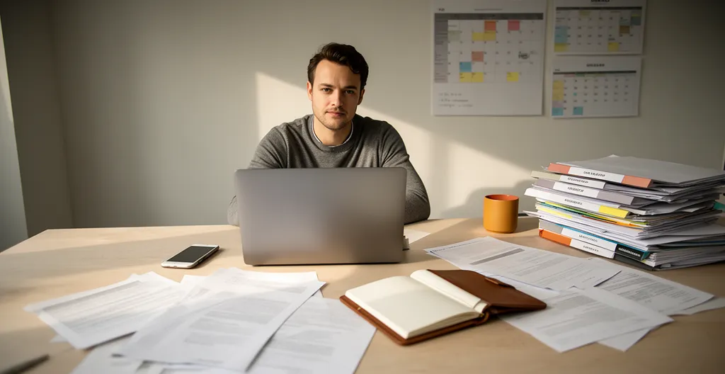 Micro-entrepreneur travaillant dans son propre espace avec ordinateur personnel et documents contractuels