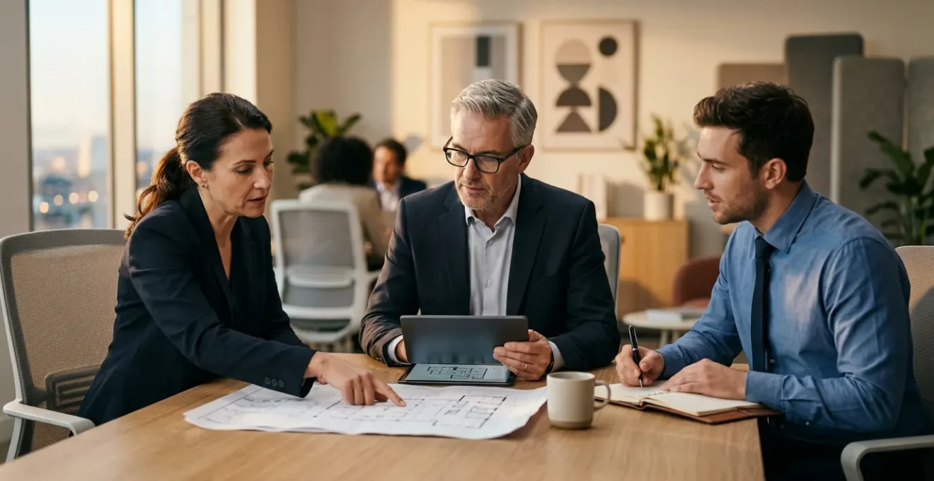 Dirigeants d'entreprise travaillant sur la modification des statuts de leur société dans un bureau moderne