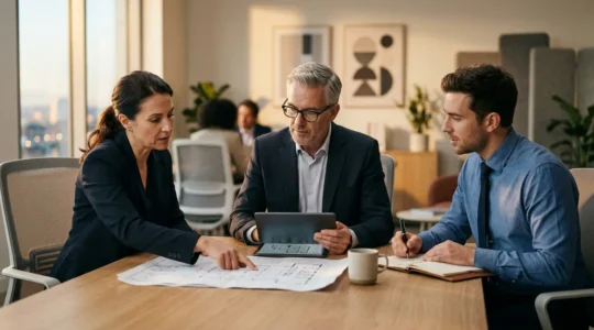 Dirigeants d'entreprise travaillant sur la modification des statuts de leur société dans un bureau moderne