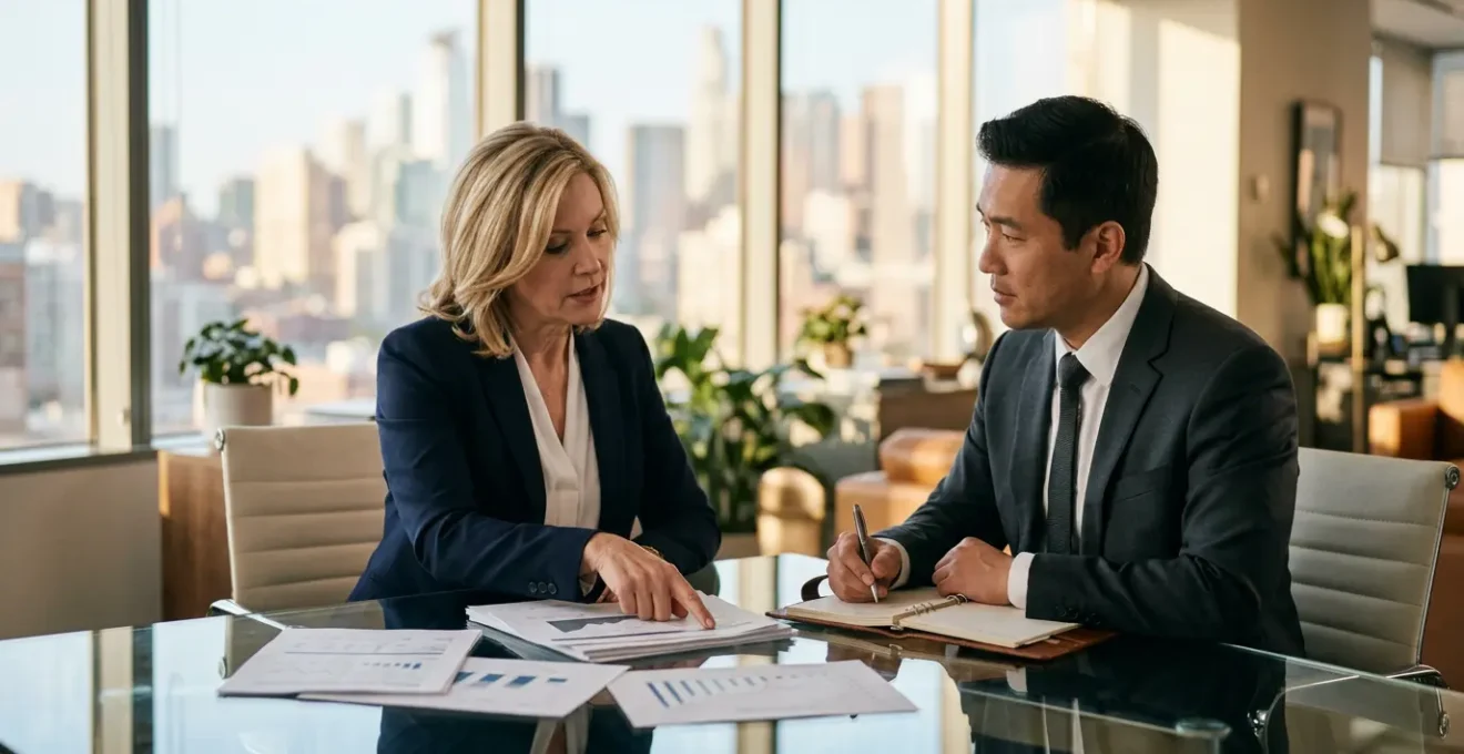 Deux dirigeants d'entreprise analysant des documents de cession dans un bureau moderne