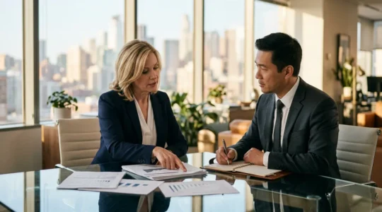 Deux dirigeants d'entreprise analysant des documents de cession dans un bureau moderne