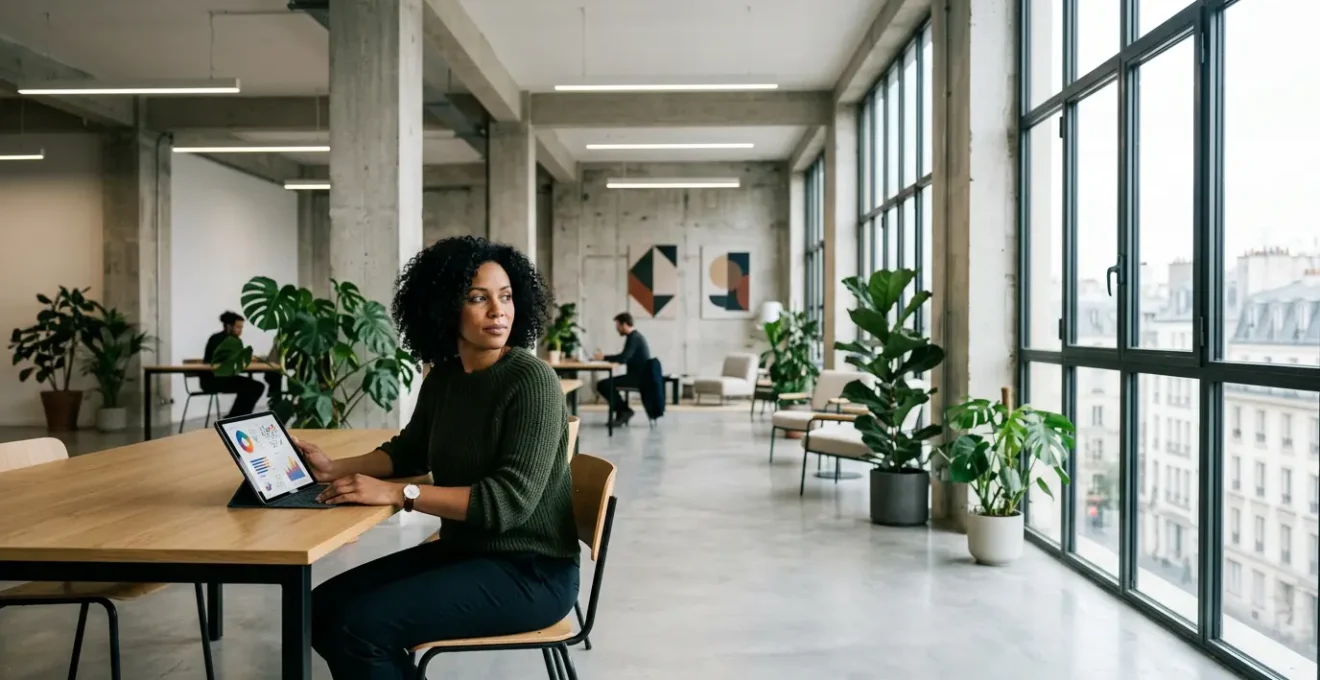 Vue aérienne d'un entrepreneur analysant des données sur une tablette dans un espace de coworking moderne