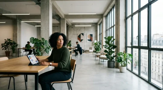 Vue aérienne d'un entrepreneur analysant des données sur une tablette dans un espace de coworking moderne